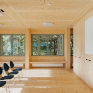 Interior shot of the Sportfeld pavilion with timber fittings.