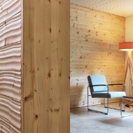 Strukturholzanwendung im Empfangsbereich der Lehmann Gruppe