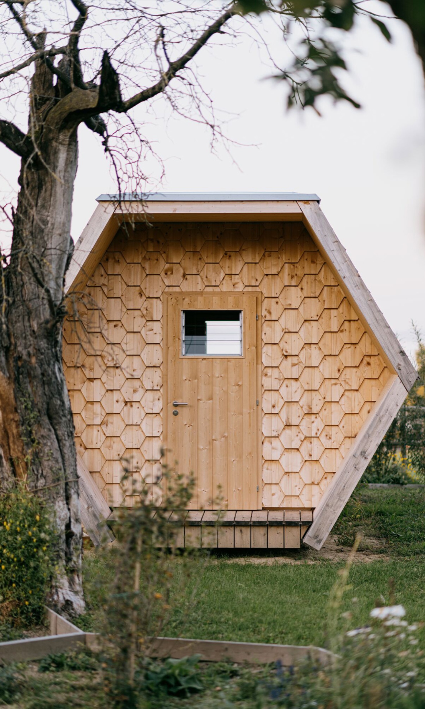 Frontalansicht des Bienenhauses mit Eingangstüre