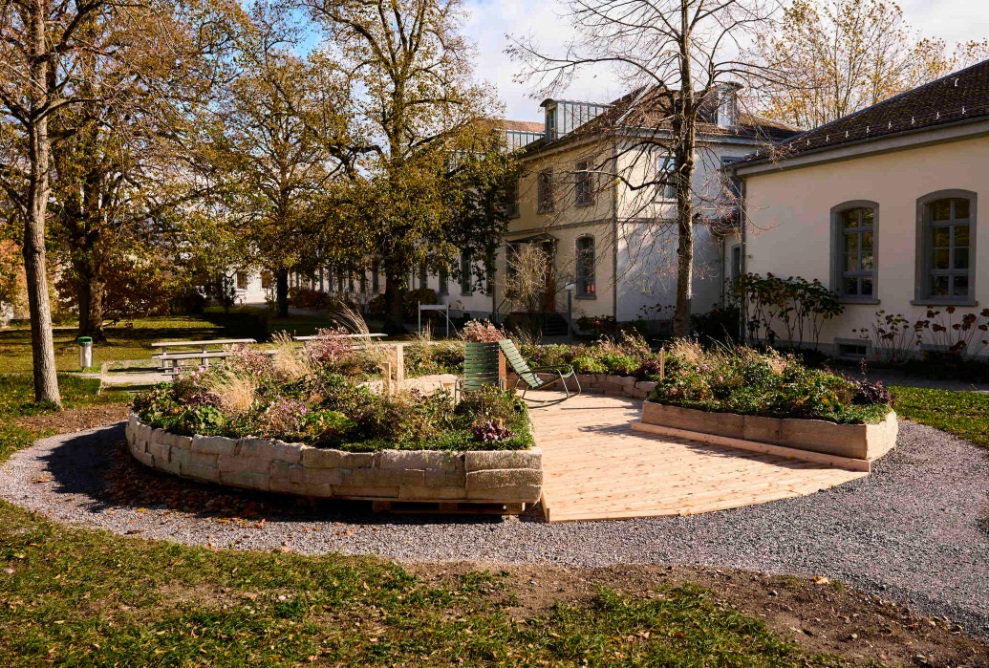 Das Holzobjekt "Blumenring" im Resilienzparcours Lifegarden in Zürich