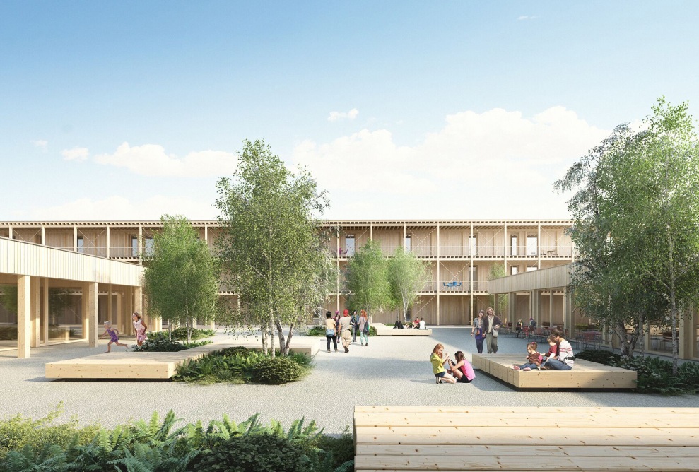 Espace de rencontre et bâtiments du centre fédéral d’hébergement pour demandeurs d’asile d’Altstätten, rendu